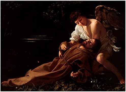 Alonline Art - Saint Francis of Assisi באקסטזה מאת Caravaggio | תמונה ממוסגרת לבנה מודפסת על בד כותנה,